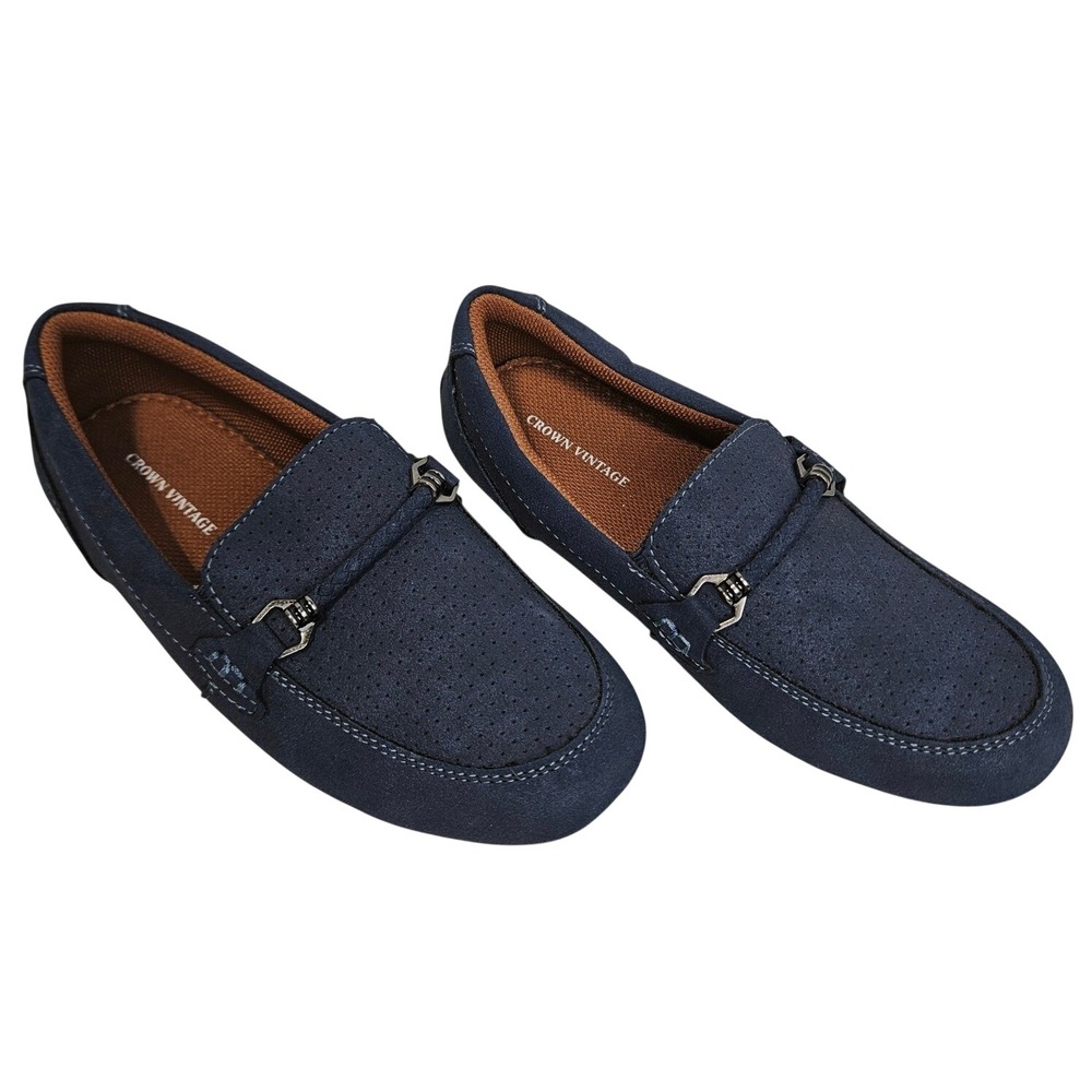 Crown Vintage Blue Leo Perforated Faux Suede Loafers 3 Boys Preppy Academia - Picture 1 of 8